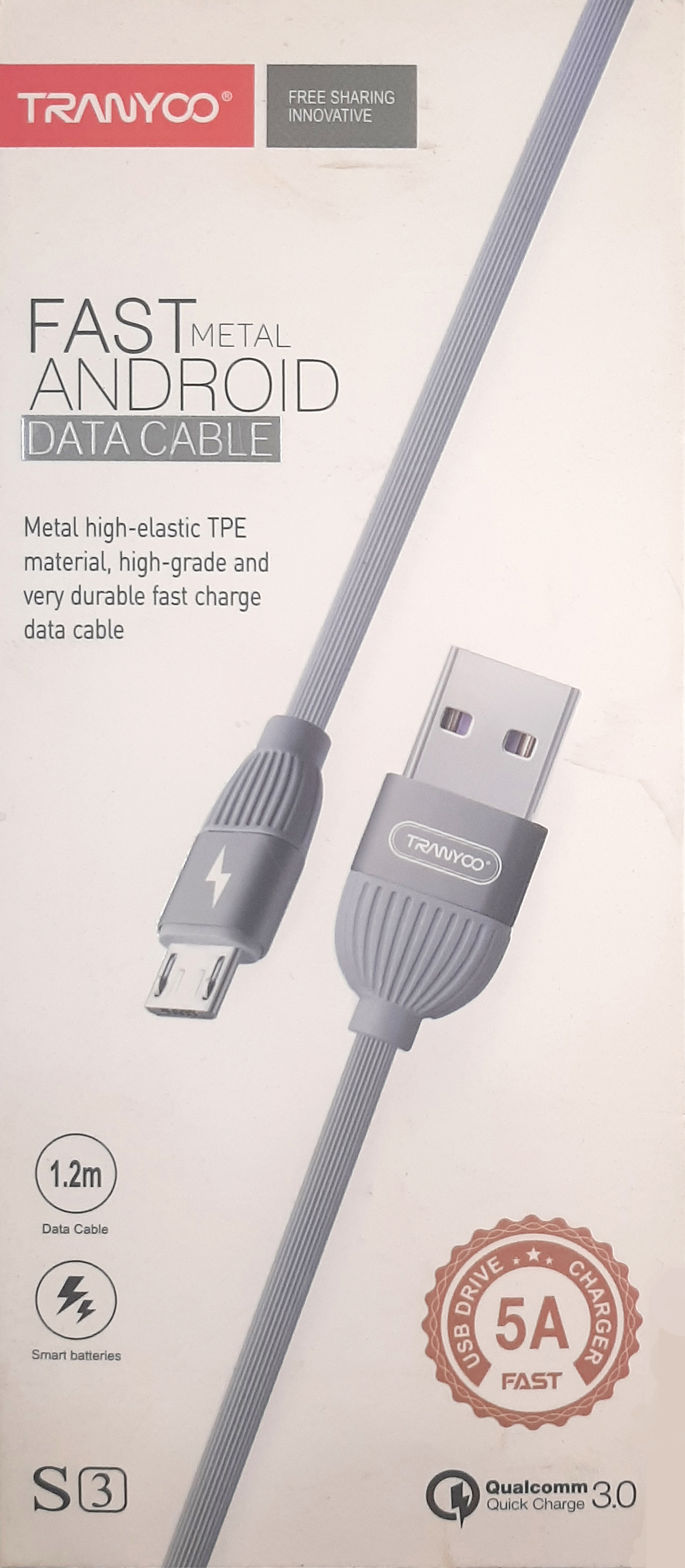 کابل شارژ Micro USB ترانیو TRANYOO مدل S3 فست شارژ 5A طول 1.2 متر
